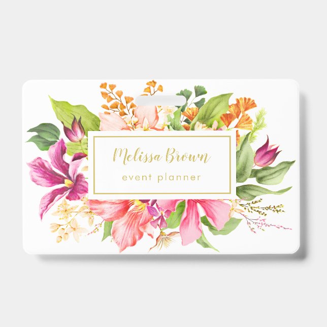 Crachá de planejador de eventos de flores rosa vin (Frente)