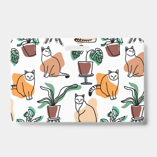 Crachá Desenho de arte linear de gatos e flores (Frente)