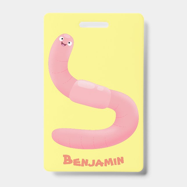 Crachá Desenho de minhoca cor-de-rosa feliz e fofa (Frente)