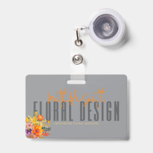Crachá Design Floral Sofisticado Flores Laranja Cinza