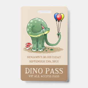 Crachá Dinossauro segurando balões de aniversário