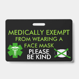 Crachá Distintivo de Exento Medicamente de Máscaras Facia