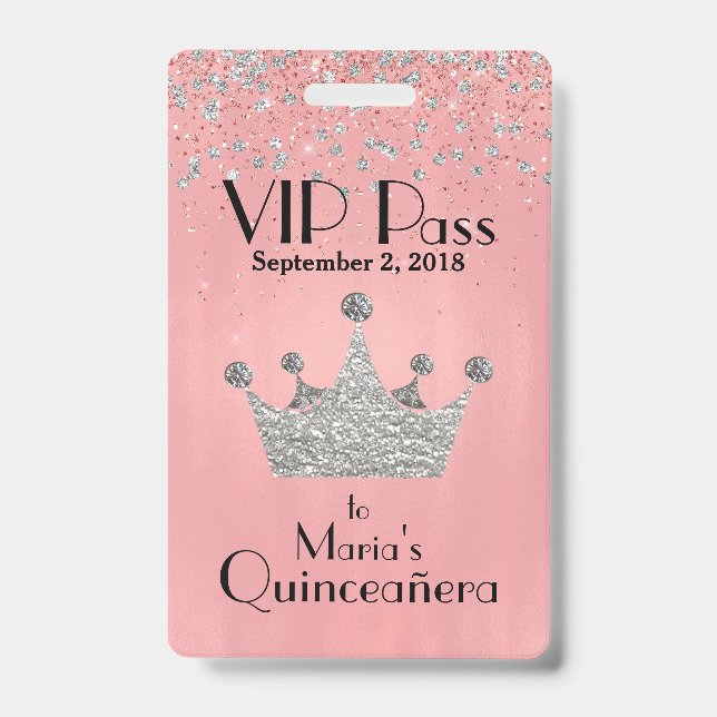 Crachá Distintivo VIP de Quinceañera Coroa de Prata com R (Frente)