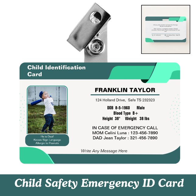Crachá do Cartão de Identificação de Emergência de (Child Safety Emergency ID Card)