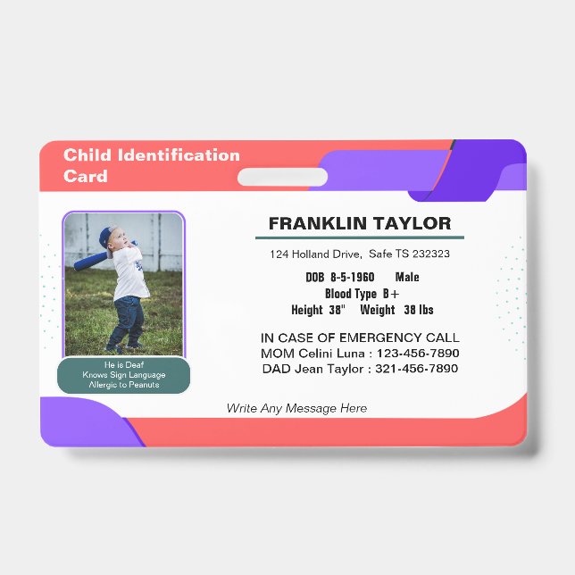 Crachá do Cartão de Identificação de Emergência de (Frente)