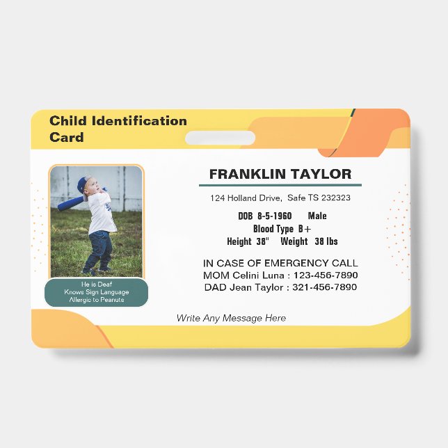 Crachá do Cartão de Identificação de Emergência de (Frente)