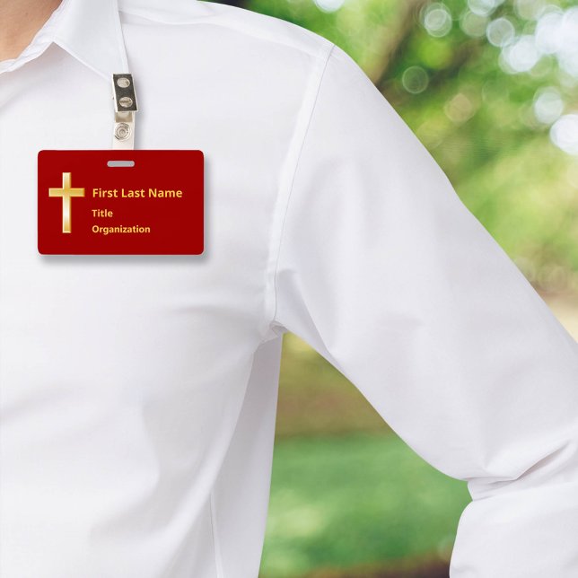Crachá do nome da Cruz Dourada Cristã (Modern name badge with gold cross. Perfect for events & meetings. Customize text & attachment style.)