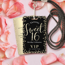 Crachá Doce 16 Chic Black Glitter Birthday VIP Pass