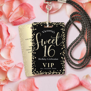 Crachá Doce 16 Chic Black Glitter Birthday VIP Pass