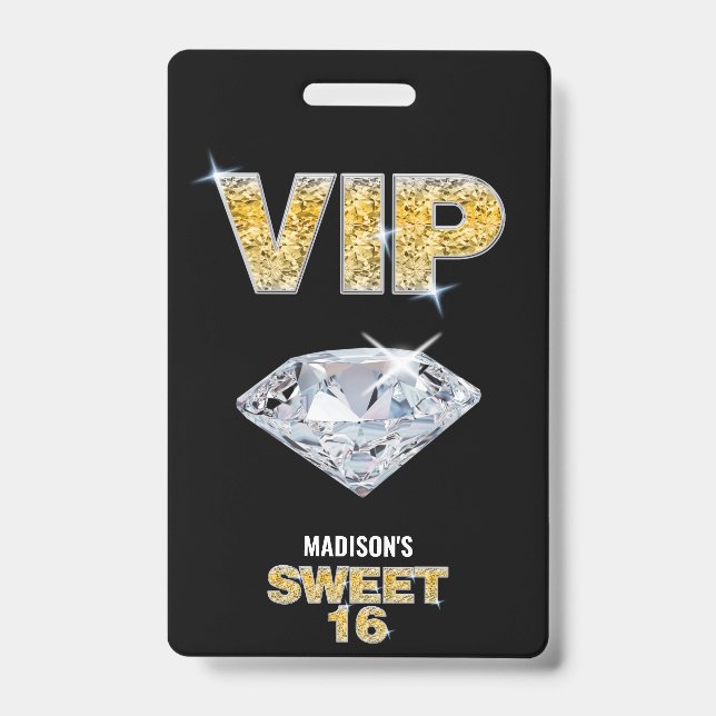 Crachá Doce 16 Diamante Preto Passagem VIP (Frente)