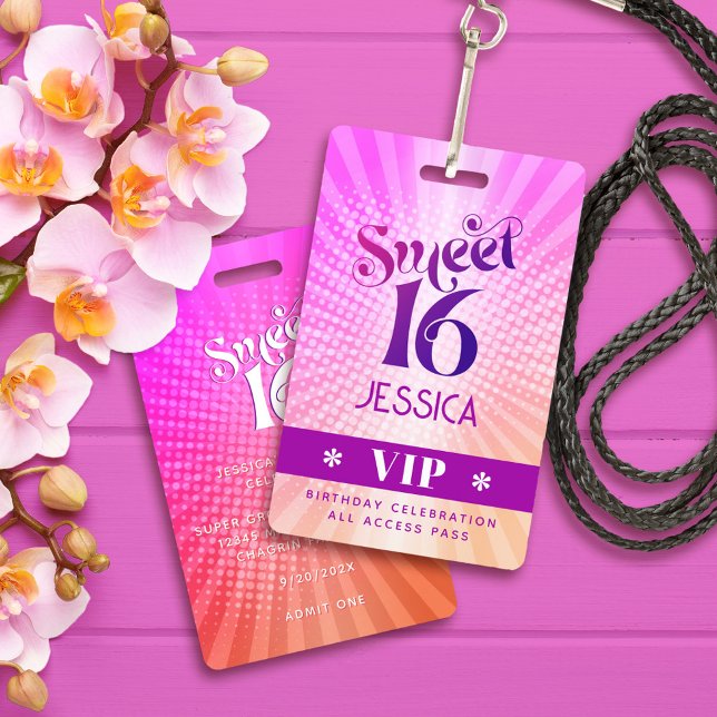 Crachá Doce 16 Lindo Gradiente Laranja Rosa Boho Pass VIP (Criador carregado)