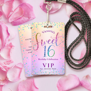 Crachá Doce 16 Rainbow Glitter Ombre Birthday VIP Pass