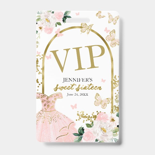 Crachá Doce 16 Rosa Floral Aniversário 16 Aniversário VIP (Front)