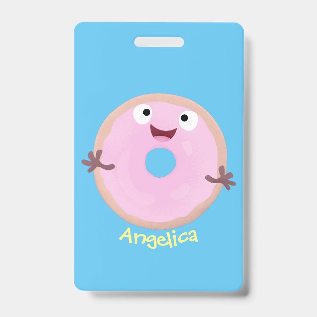 Crachá Doce donut de desenho animado com glacê rosa (Frente)