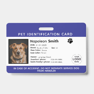 Crachá Editable Pet ID Card ,Navy White Service Dog Logo