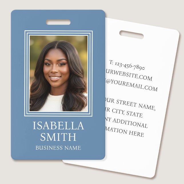 Crachá Elegant ID Badge Custom Photo Small Business Blue (Criador carregado)