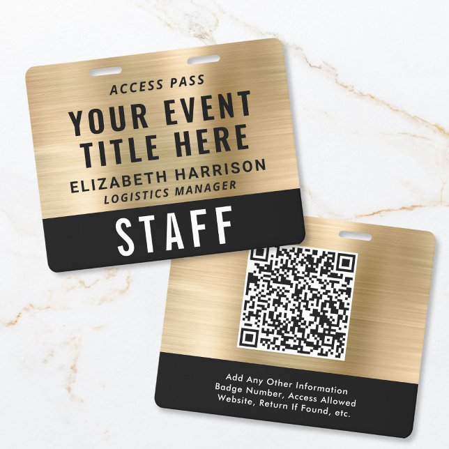Crachá Elegant QR Code Black Gold Event Access Pass ID (Criador carregado)