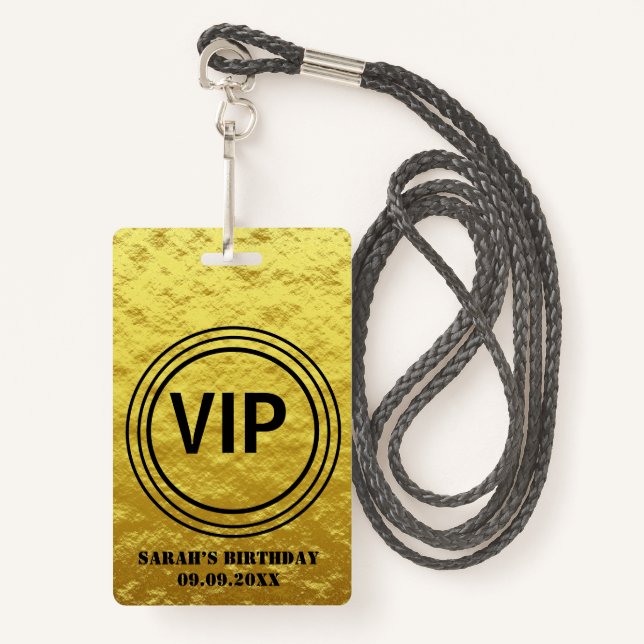 Crachá Elegante Dourado VIP Negro Todo Acesso Aniversário (Frente com cordão)