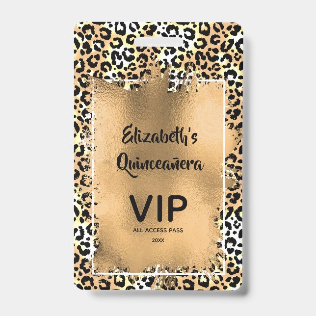 Crachá Elegante Leopard Quinceañera Convide VIP Pass (Frente)