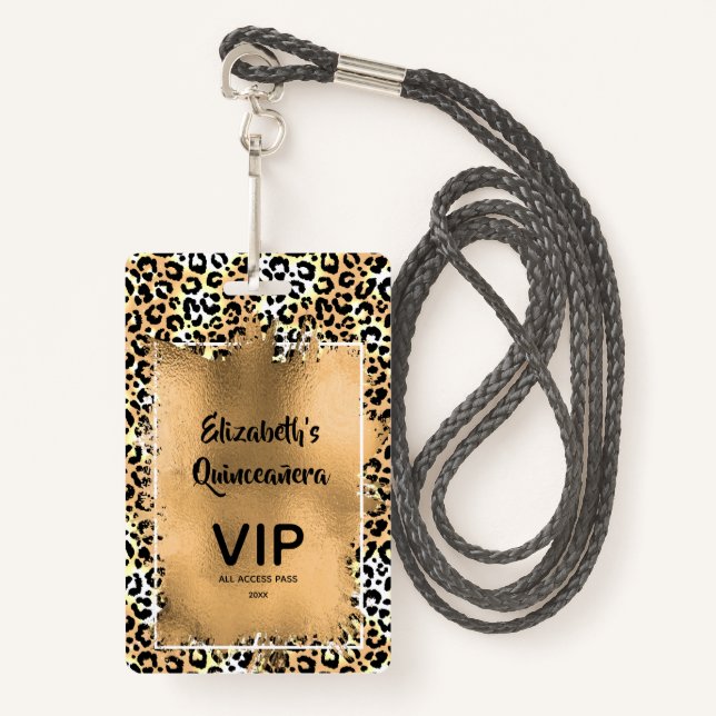 Crachá Elegante Leopard Quinceañera Convide VIP Pass (Frente com cordão)