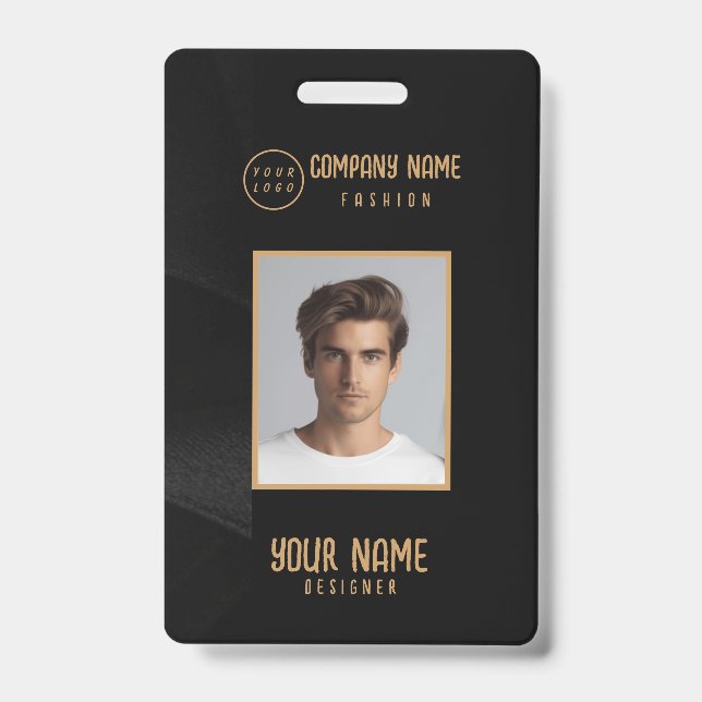 Crachá elegante preto e ouro personalizado (Frente)