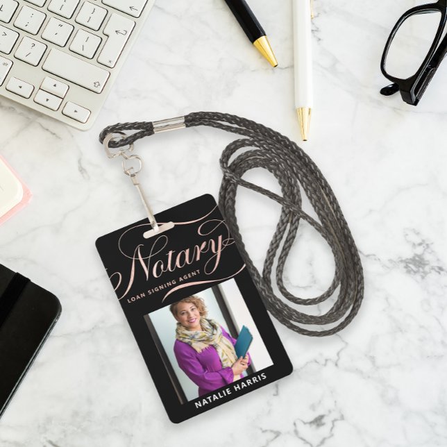 Crachá Elegante Rosa Dourado Foto Notário Agente de Empré (Criador carregado)