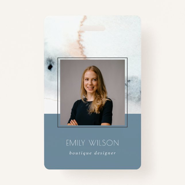 Crachá Elegante Soft Aqua Blue Dourado Watercolor Photo B (Frente)