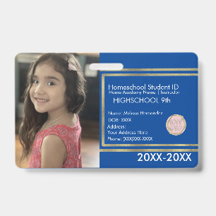 Crachá Elegantes Logotipo Azul Dourado de ID de Escola de