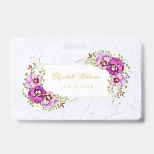 Crachá Elegantes Violetas Roxas Florais Vintage em Mármor