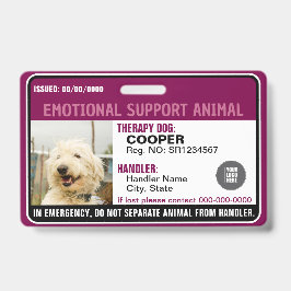 Crachá Emotional Support Animal ID Therapy Photo Custom