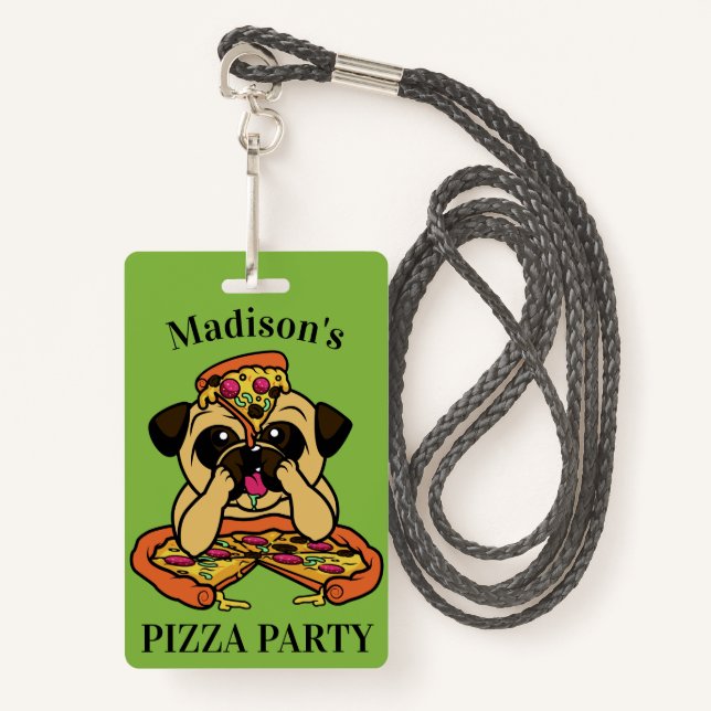 Crachá Engraçado Pizza Pug crachás de texto personalizado (Frente com cordão)