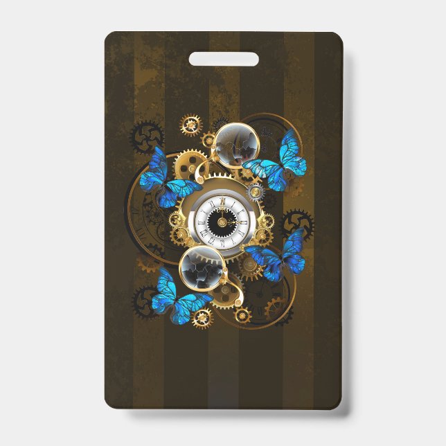 Crachá Engrenagens Steampunk e Borboletas Azuis (Frente)