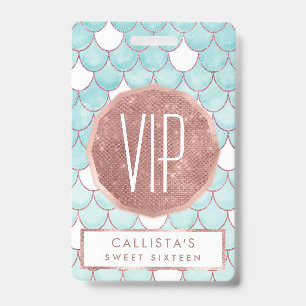 Crachá Escamas de sereia em aquarela com purpurina rosa a