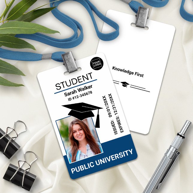 Crachá Escolar Universitário de Identificação com  (Student Photo ID School University Badge – Blue)