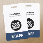 Crachá Etiqueta do Funcionarios de logotipo do funcionári<br><div class="desc">Personalize facilmente este Crachá de nome profissional administrativo personalizado sem fotografia e logotipo de grande empresa. Um simples design de negócios na frente e atrás imprimiu o Mesmo em cores azuis e brancas marinhos totalmente personalizáveis nos tamanhos frontal e traseiro, fontes básicas e modernas sans-serif e um visual profissional e...</div>