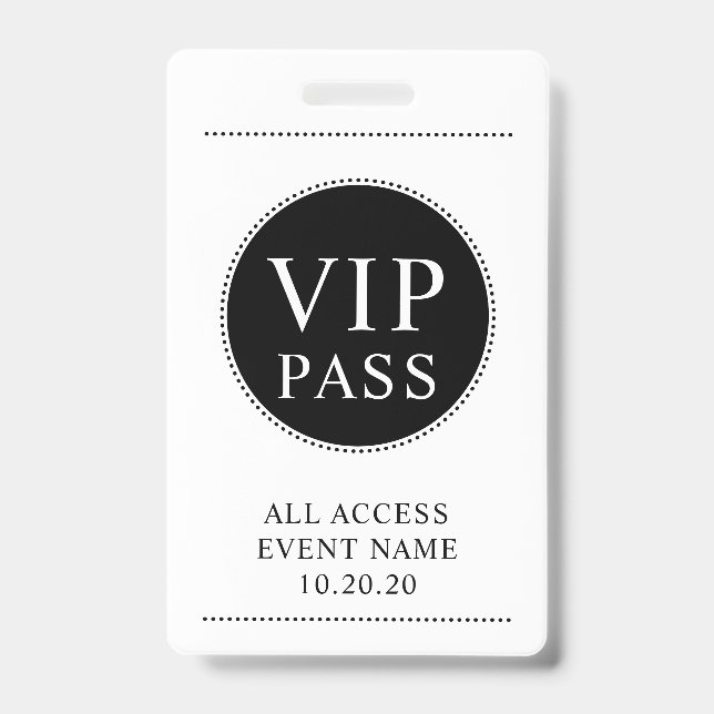 Crachá Evento de Acesso VIP Tudo Branco Preto Simples (Frente)