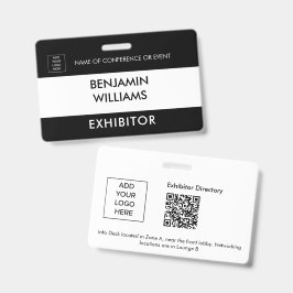 Crachá Exhibitor Name Badge QR Black White Custom Logo ID