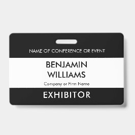 Crachá Exhibitor Name Badge QR Black White Logo ID Event