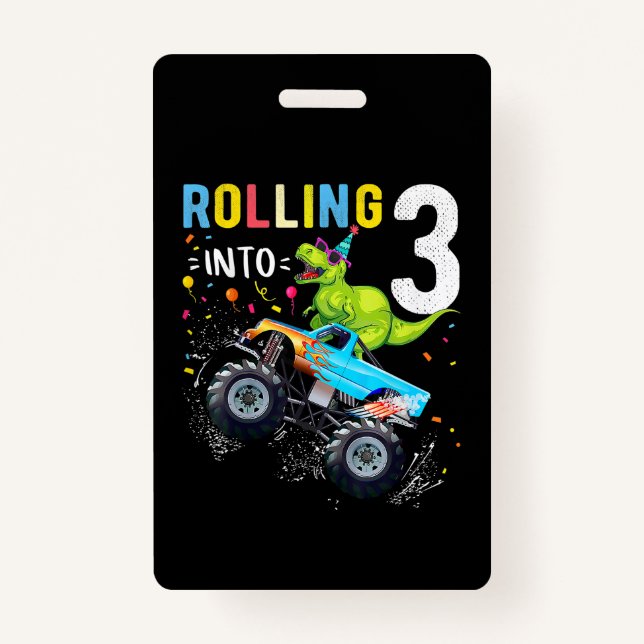 Crachá Família de Caminhões Monstros Dinossauros, 3 anos (Frente)