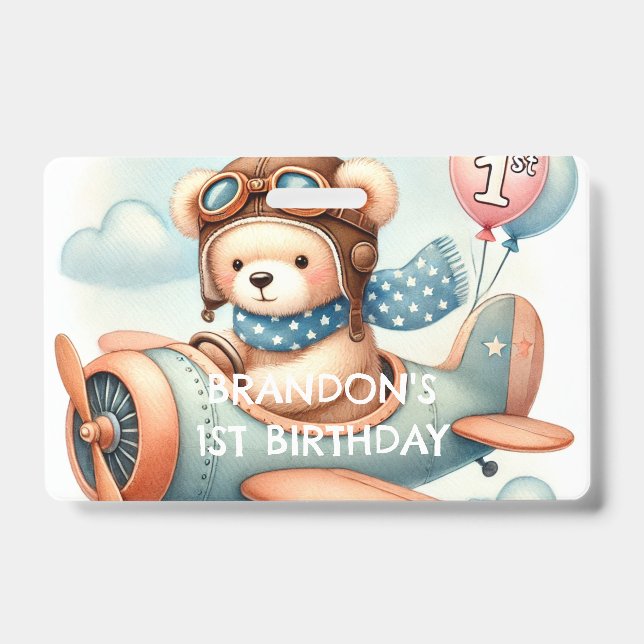 Crachá Festa de primeiro aniversario de Urso de Aviões (Frente)