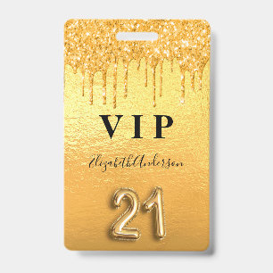 Crachá festa vip de 21º aniversário com glitter dourado