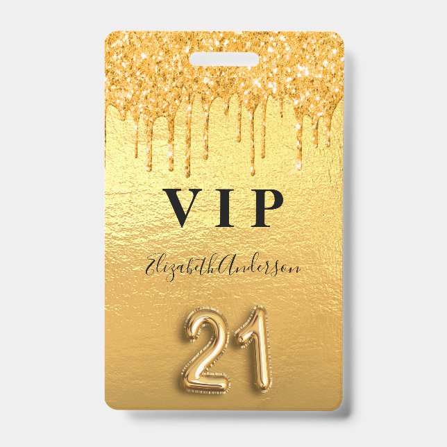 Crachá festa vip de 21º aniversário com glitter dourado (Frente)
