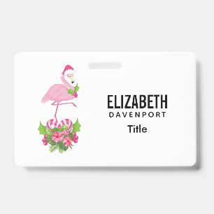 Crachá Flamingo Rosa em Chapéu de Papai Noel com Buquê de