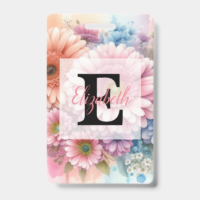 Crachá Floral watercolor monogram pink gerbera daisies  (Frente)