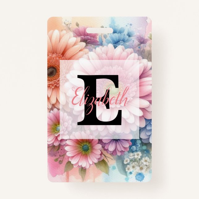 Crachá Floral watercolor monogram pink gerbera daisies  (Frente)