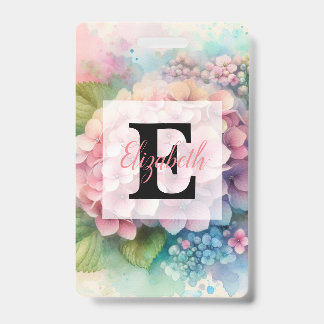Crachá Floral watercolor monogram pink hydrangea 