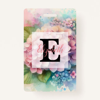 Crachá Floral watercolor monogram pink hydrangea