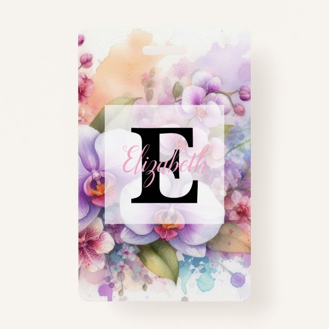 Crachá Floral watercolor monogram pink orchid flowers  (Frente)