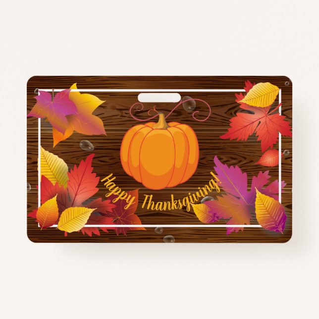 Crachá Folhas de Cartaz de Férias de Ação de Graças, Deco (Frente)