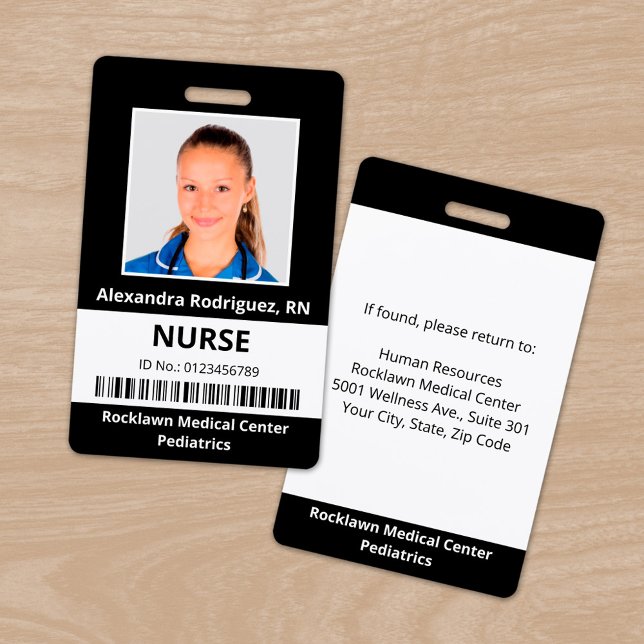 Crachá Foto do funcionário Código de barras Preto Branco  (Employee Photo Barcode Black White Medical ID Badge, front/back)